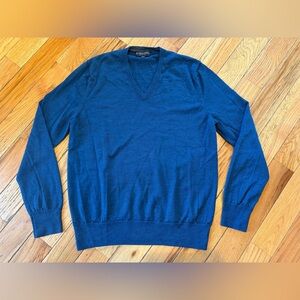 Brooks Brothers Sweater Mens Size L 100% Wool Italian Yarn Pullover V-neck Blue